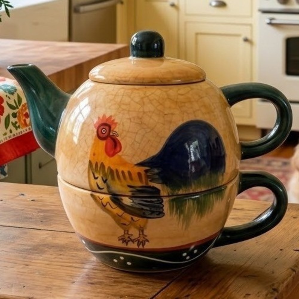 Casa Vero ACK Rooster Tea for One Stackable Teapot Cup Hand Painted Cottagecore